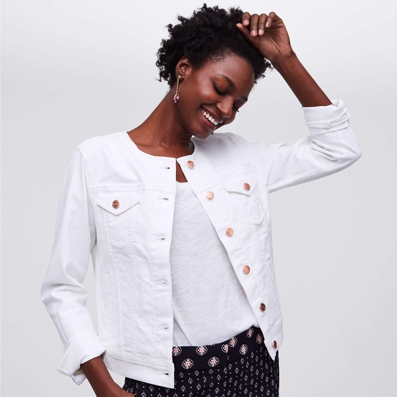 white collarless denim jacket